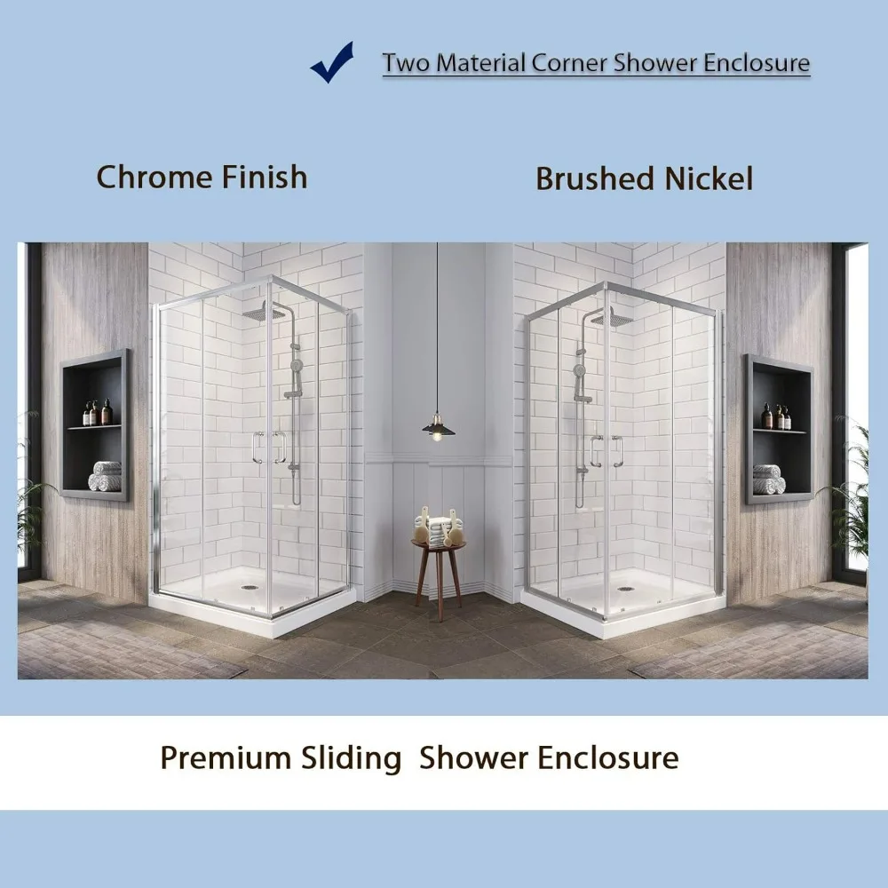 Corner Enclosure 1/4 in. Clear Glass Semi-Frameless Sliding Shower Doors,  Chrome Finish Corner Shower Glass Enclosure 2