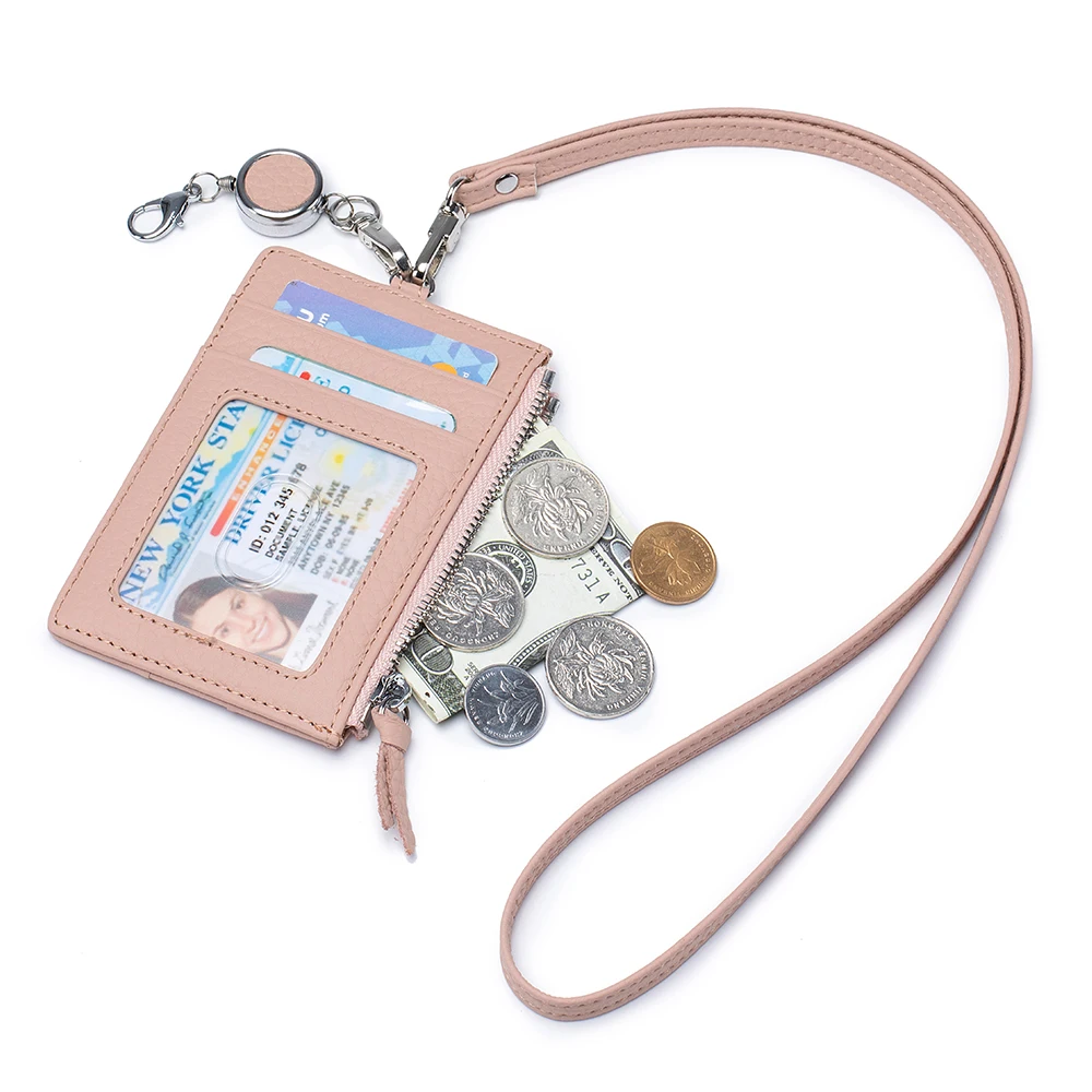 

Badge Holder with Zipper Pocket Card Slots Genuine Leather ID Card Holder with Leather Lanyard for Office School ID Work Cards