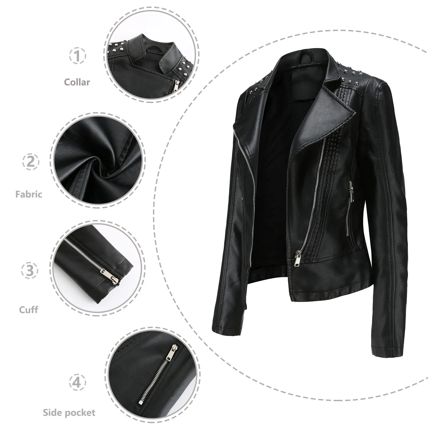 Women's Beaded PU Leather Coat Women's Long Sleeve Fashion Jacket Lapel Motorcycle Wear Thin Spring and Autumn Women's Jacket