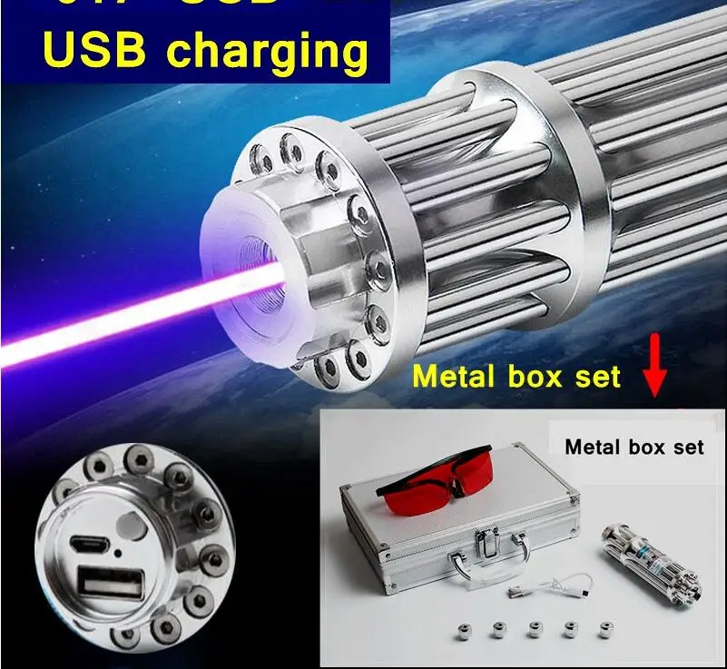 

007 USB 100000m High Burning Match Blue Light laser USB charging Flashlight Metal Box set include pattern caps Lazer Hunting