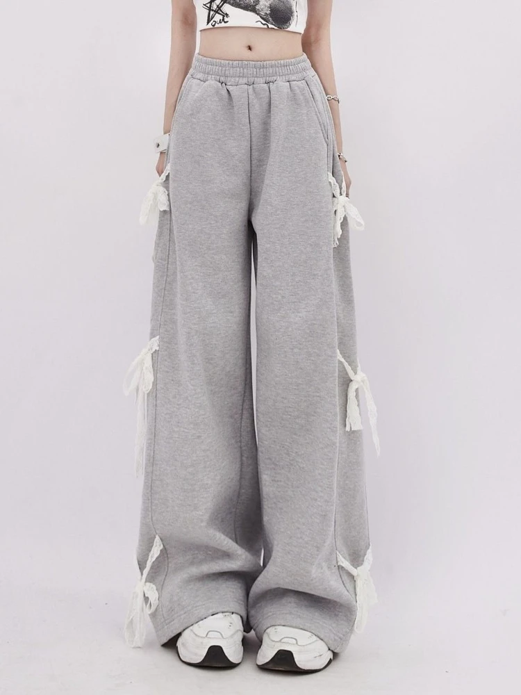 HOUZHOU Y2k Kawaii Sweet High Waist Wide Leg Pants Korean Style Fashion Streetwear Bow Bandage Loose Sweatpant Soft Gril 2024