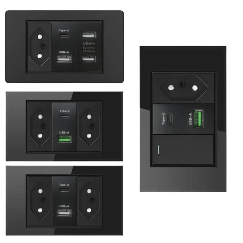 Tomada Usb tipo c Preta Brasil Carregamento Rápido Tomada de Parede Plástico e Vidro Italiana e Chilena 20a 10w 20w