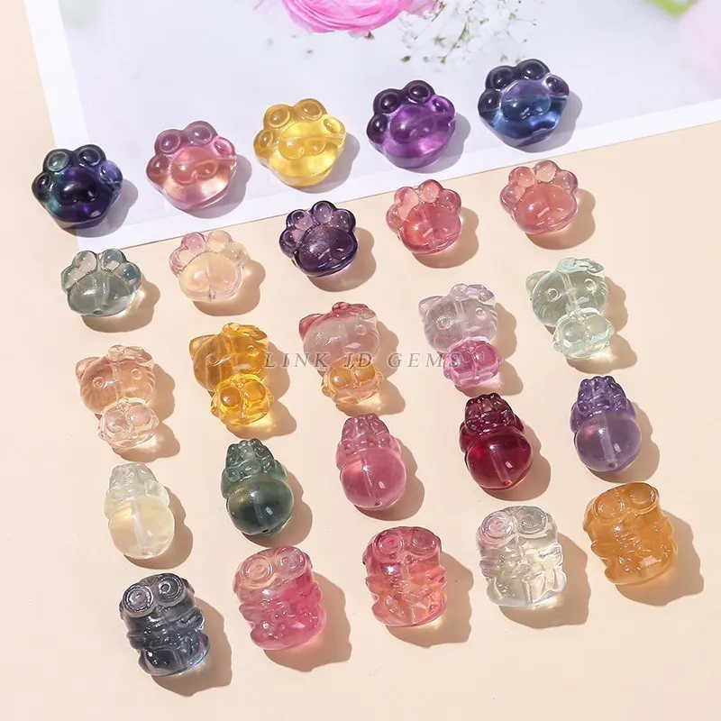 10Pcs/lot Natural Fluorite Crystal Carved Animals Shape Wealth Square Flower Lucky Pixiu Cute Bead With Hole For Jewelry Making 4