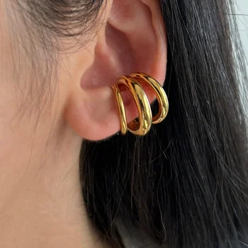 Vintage Stainless Steel Three-Layered Line Hoop Earrings for Women PVD 18K Gold Plated Trendy Stud Earrings Jewelry Gifts