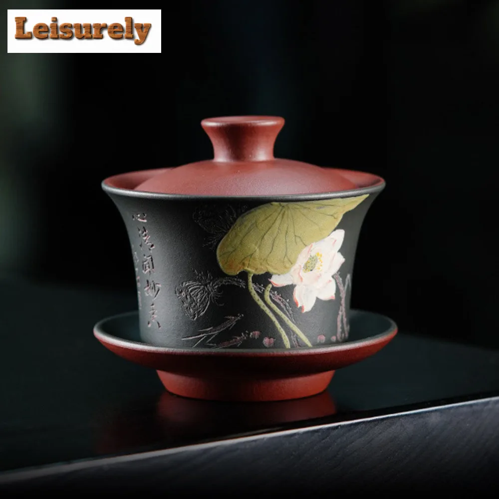 200ml Yixing Purple Clay Gaiwan Famous Mud-painted Lotus Tea Tureen Beauty Tea Infuser Cover Bowl Chinese Handmade Zisha Set