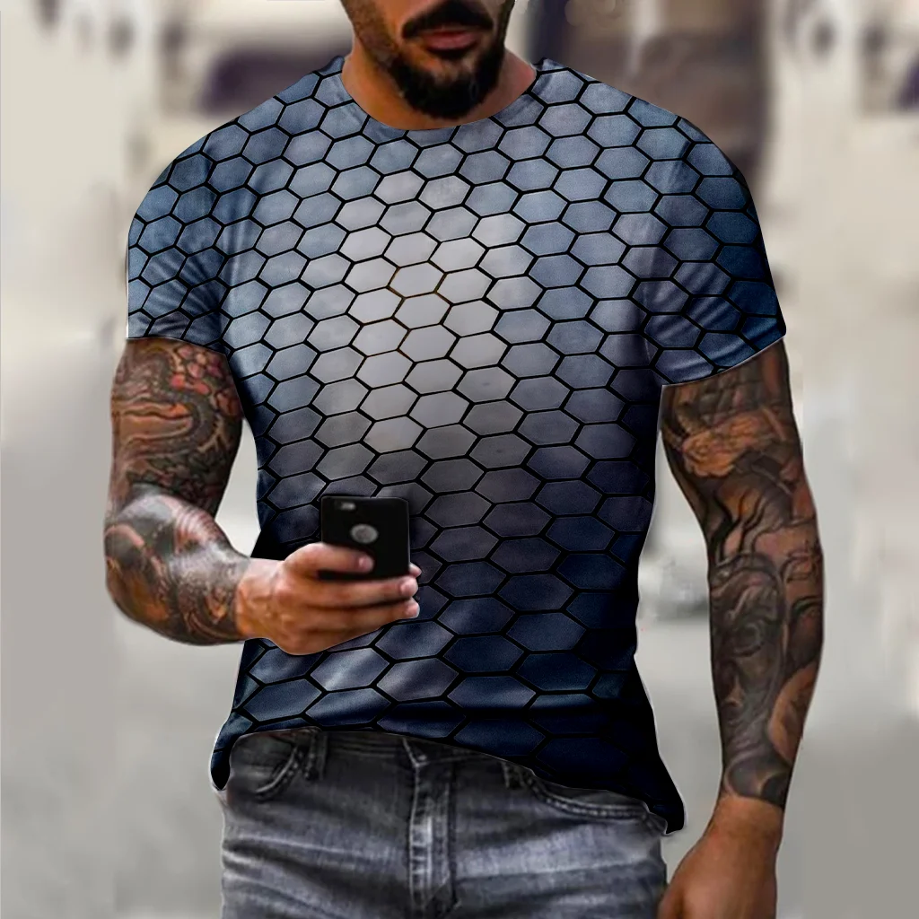 

Vintage Men's T-shirt Geometric Plaid Print Shirt O-neck Classic Short Sleeve Tops Summer Loose Sweatshirt Tee Casual Streetwear