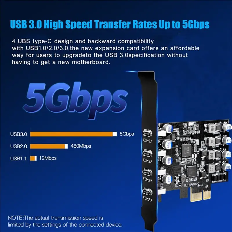 4포트 USB PCIE 카드 Pcie USB 3.0 확장 카드 4X 타입 C (로우 프로파일 브래킷 포함) 데스크탑 PC 데이터 전용
