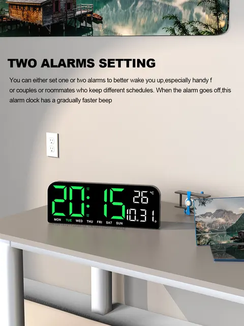 9.0inch Large Digital Wall Clock Temperature and Date Week Display Night Mode Table Alarm Clock 12/24H Electronic LED Clock 2