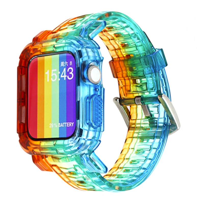 

Case+Strap for Apple Watch 8 Band 5 44mm 40mm 42mm 38mm Transparent Silicone Bracelet Rubber wrist for iWatch Series 6 se 5 4 3
