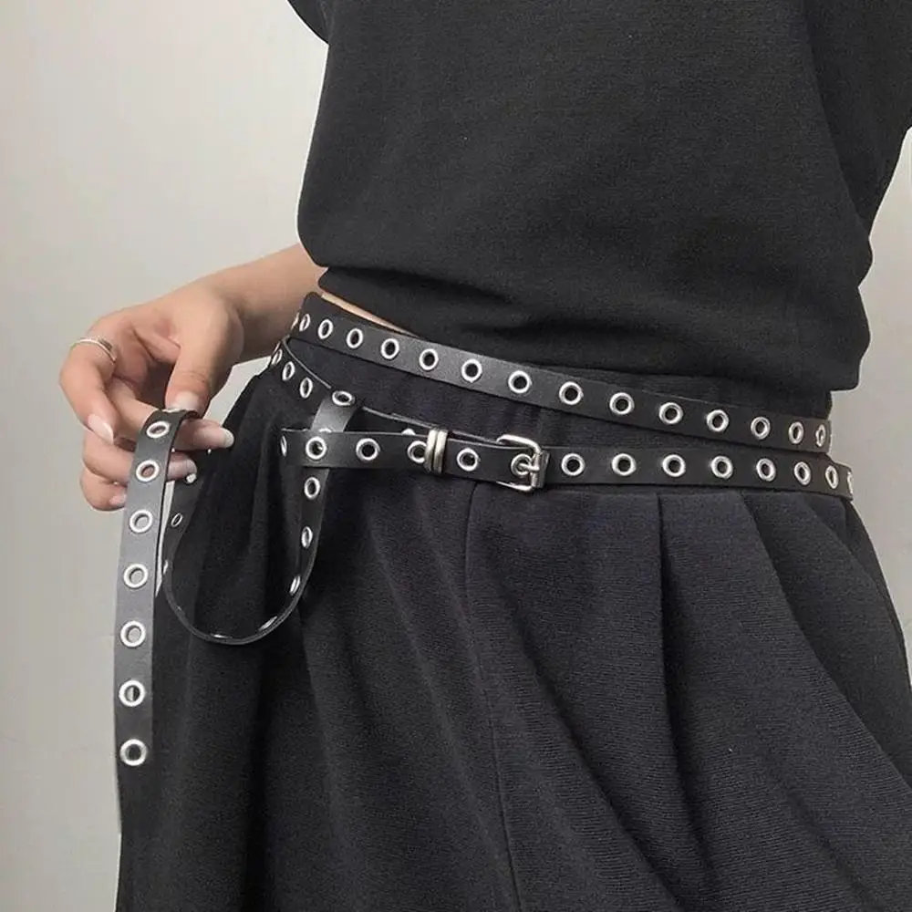 Y2K Punk Rivet Eyelet Leather Double Thin Belt Women PU Leather Black White Extra Long Thin Waist Strap Jeans Skirt Decoration