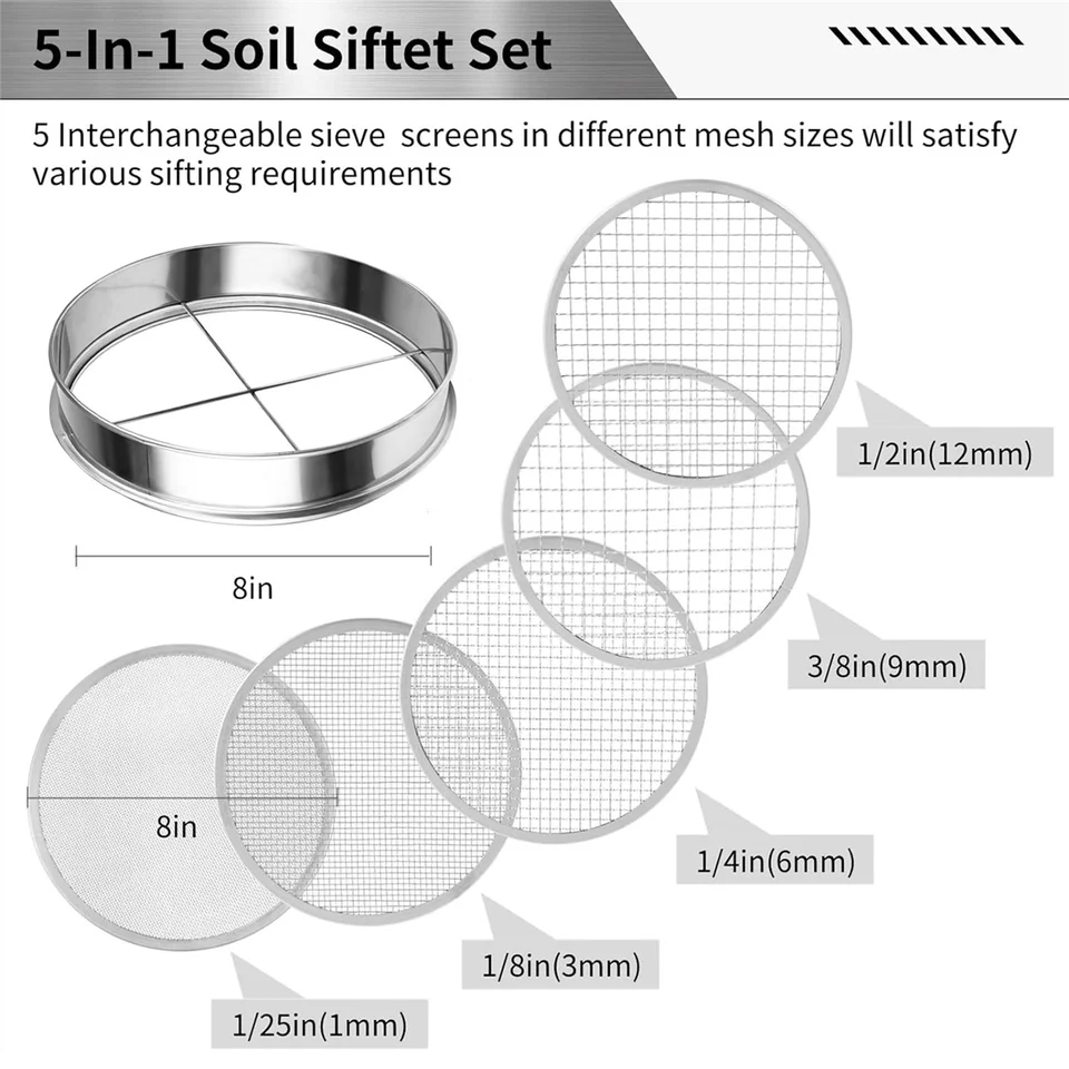 Setaccio Giardino SAVITA: 1 Padella 30 Cm + 6 Reti Intercambiabili (0,7-12 Mm) Per Filtrare Terra E Compost, Con Pala E Guanti In Acciaio Inox