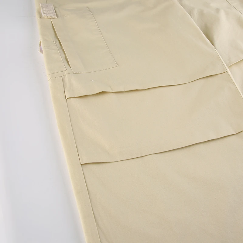 Weekeep Light Khaki Cargo Pants Streetwear 100% Cotton Big Pocket Patchwork Casual Pants Drawstring Low Waist Baggy Trouser Lady