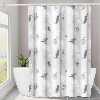 1pc Leaf Pattern Plastic Shower Curtain, Lightweight Bath Curtain Liner with Plastic Hooks, Transparent Curtain, Bathroom Decor 1