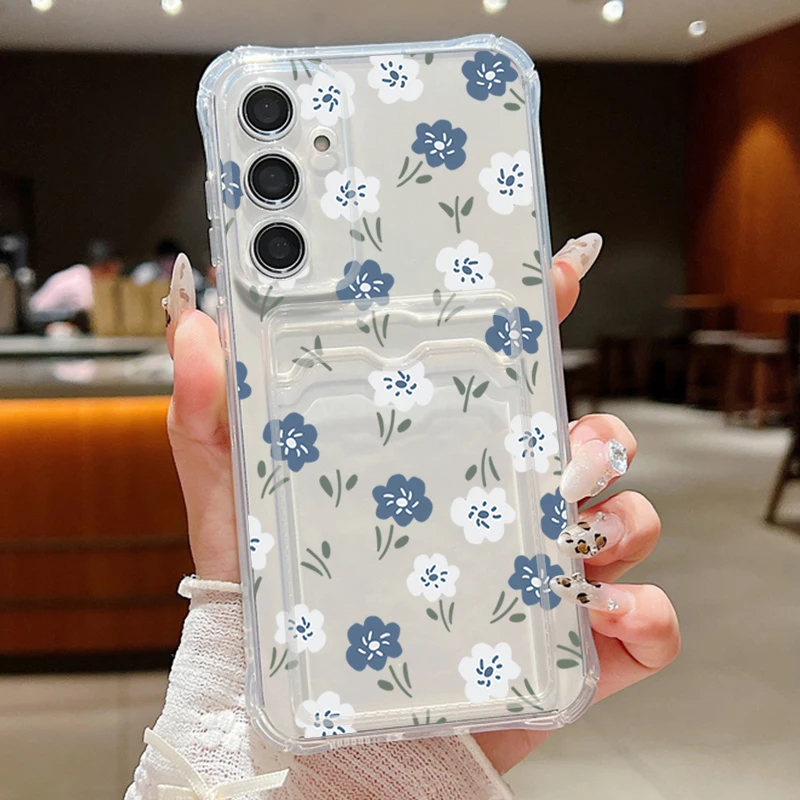 Blue & White Floral Card Wallet Phone Case - TPU Protective Cover