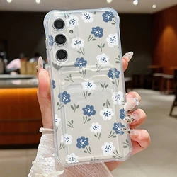 Blue & White Floral Card Wallet Phone Case - TPU Protective Cover - Samsung A16 (A671 Transparent)