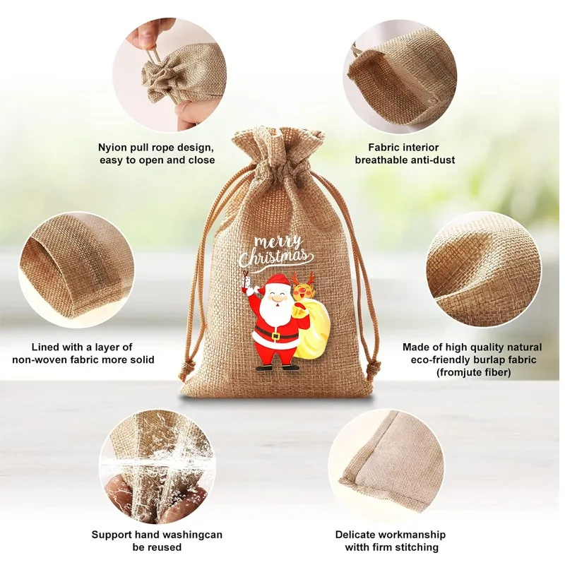 10pcs Wholesale Merry Christmas Linen Drawstring Bags Small Gift Storage Packaging Bundle Pocket Kids Pouch Party Favors LIJIAO