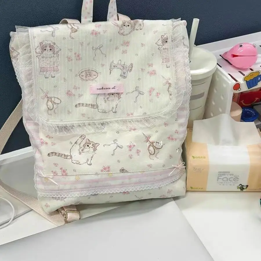 JIAERDI Sweet Cat Print Canvas Backpack Women Fairycore Aesthetic Lace Large Capacity Backpacks Girls Harajuku Kawaii Mochila
