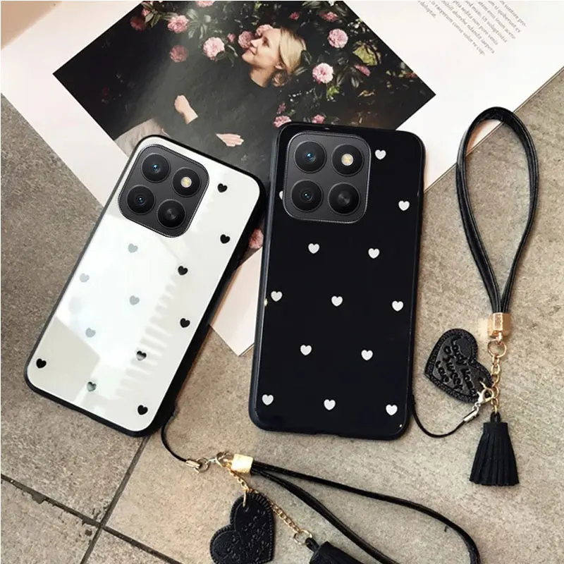 Small Love Heart Tempered Glass Shockproof Hard Cover with Tassel Lanyard