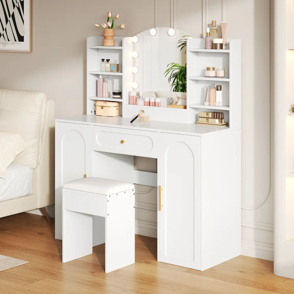 PINGGO Weißer Großer Schminktisch mit Verstellbarem LED-Spiegel Hocker 1 Schublade 2 Türen 110x40x132cm für Schlafzimmer – Detail 7