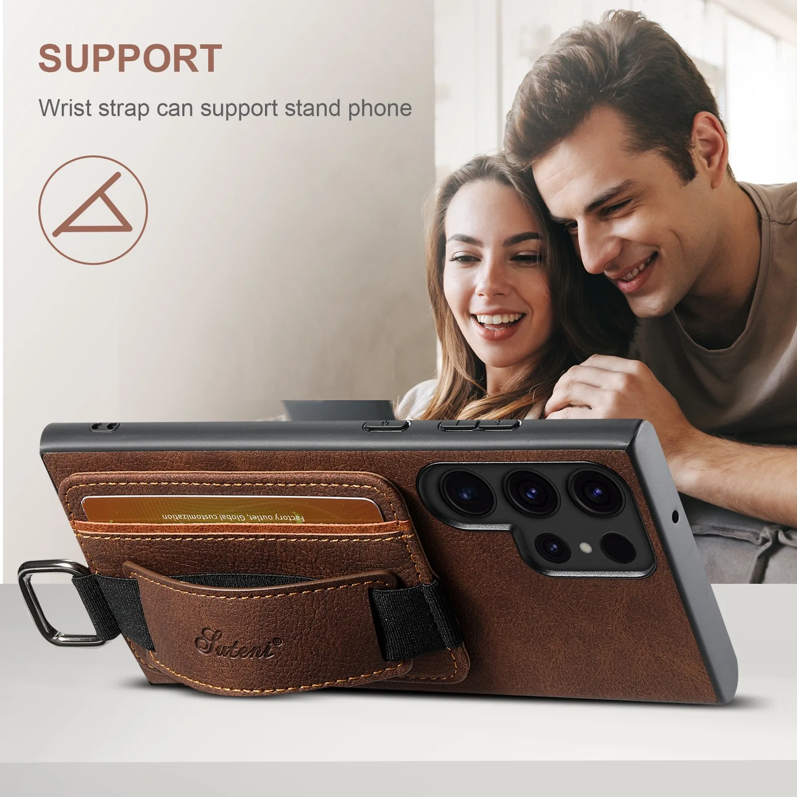 Luxury Leather Wallet Case with Card Slot, Ring Holder, and Wristband Cover