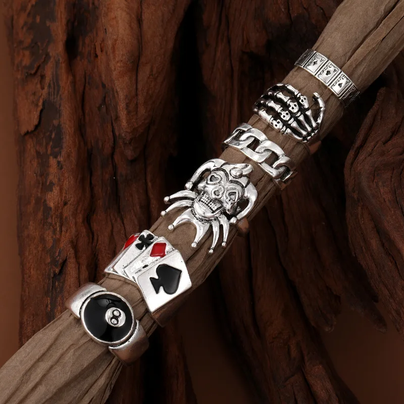 Hip Hop Metal Ring 6-Piece Drip Oil Poker Skull Clown Ring Niche Premium Vintage Set