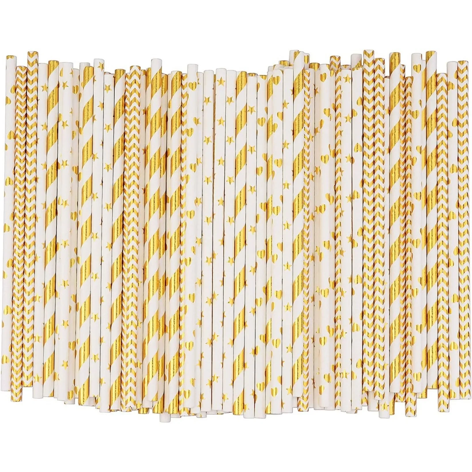 100 Striped/Wave/Heart/Star Straws for Birthday, Biodegradable Gold Paper Straws, Wedding, Celebrations and Party Supplies