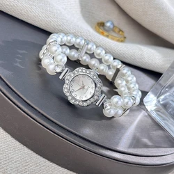 Elegant Pearl and Diamond - Encrusted Elastic Band Luxury Bracelet - Style Ladies Quartz Watch (Silver)