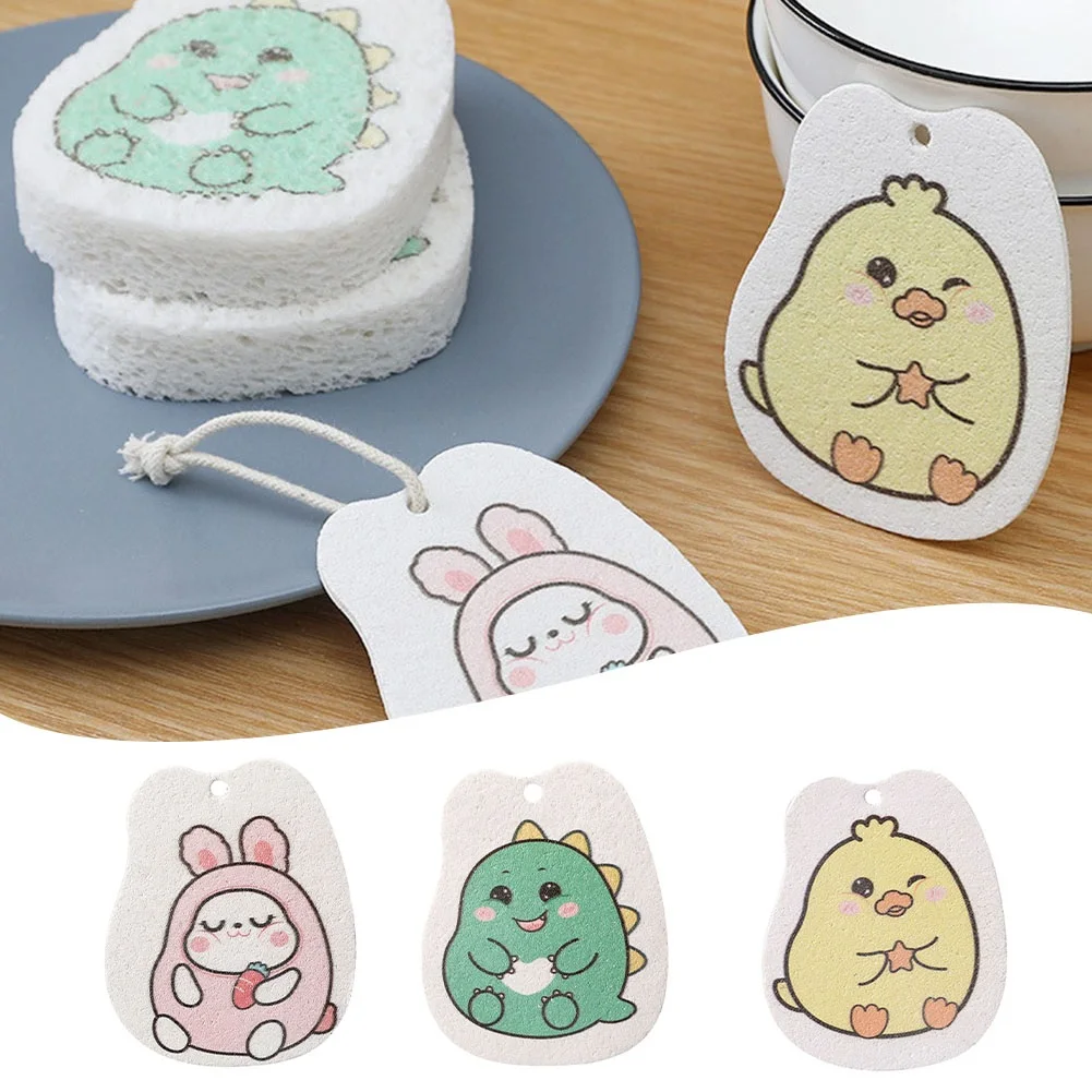 

1pcs Non-Stick Compressed Wood Pulp Sponge Cartoon Dish Cloths Oil Remove Tools With A Lanyard Kitchen Accessories