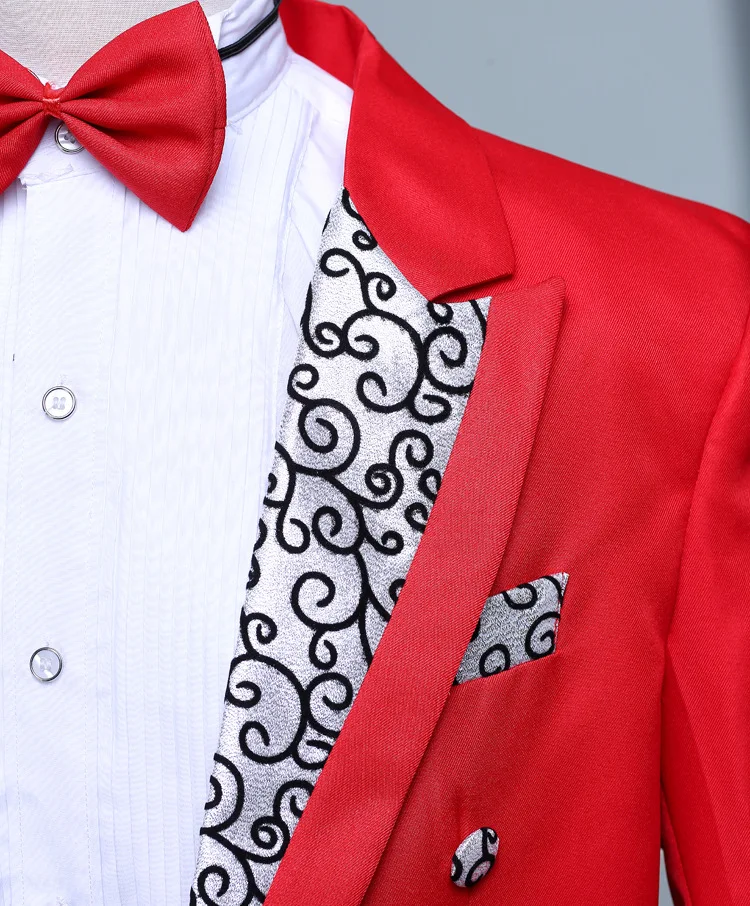 Men White Black Red Jacquard Lapel Tailcoat jacket+pants party Stage Singer Costume Wedding Groomsmen Tuxedo Suits Men Suit