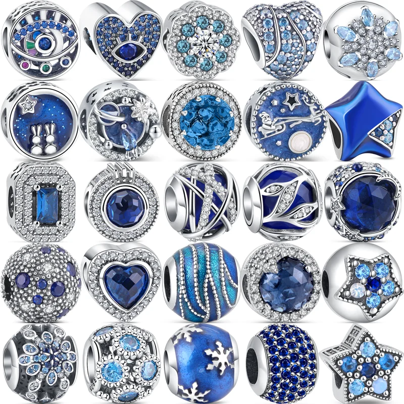 

925 Sterling Silver Blue Eyes Stars Moon Crown Snowflake Pave Zircon Fine Beads Fit Original Pandora Charms Bracelet DIY Jewelry