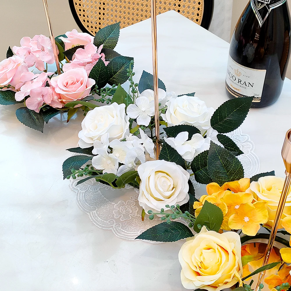 

Artificial Green Leaves Rose Flower Candlestick Wreath Candle Holder Garland Valentines Day Wedding Table Centerpiece Decoration