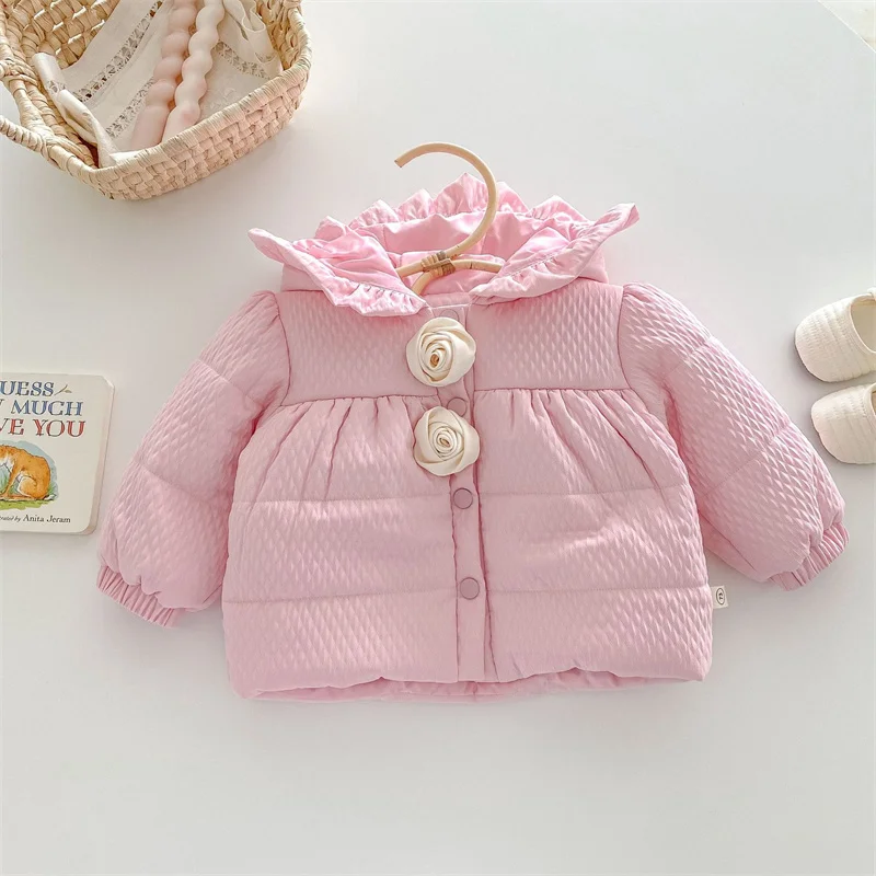 Children's Winter Coat Pink Bow New Hooded and Velvet Warm Thick Cotton Jacket Kids Outerwear Hoody for Girl