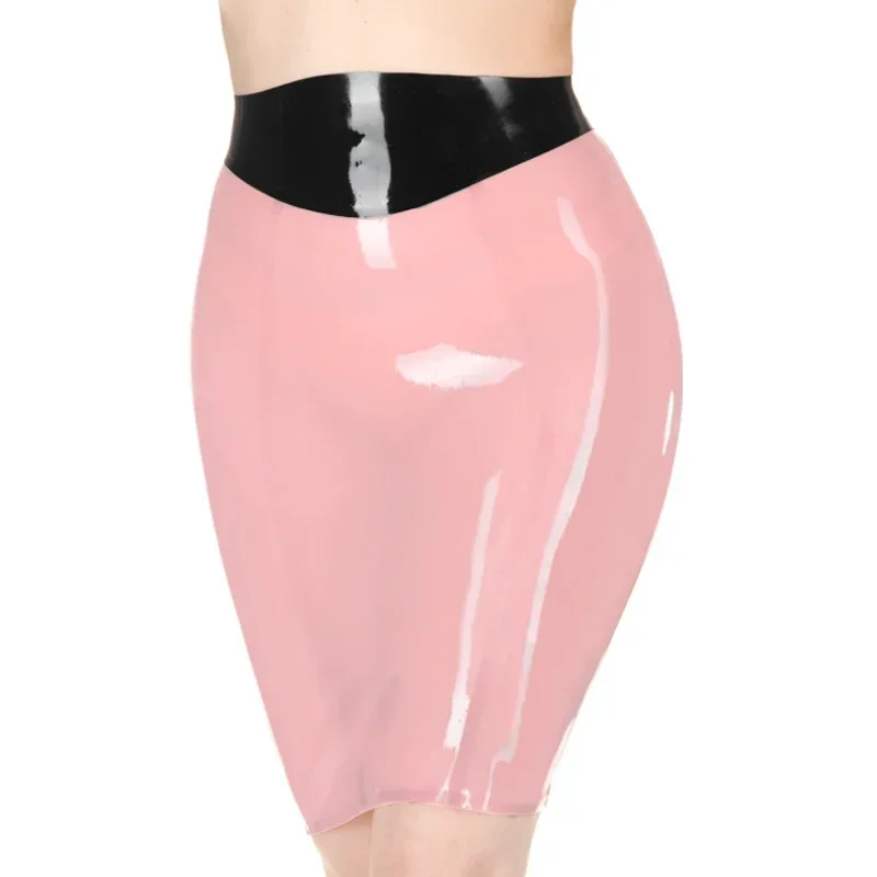 

Transparent Pink And Black Mini Sexy Latex Skirts With Trims On Top Short Zipper Back Rubber Bottoms S-XXL