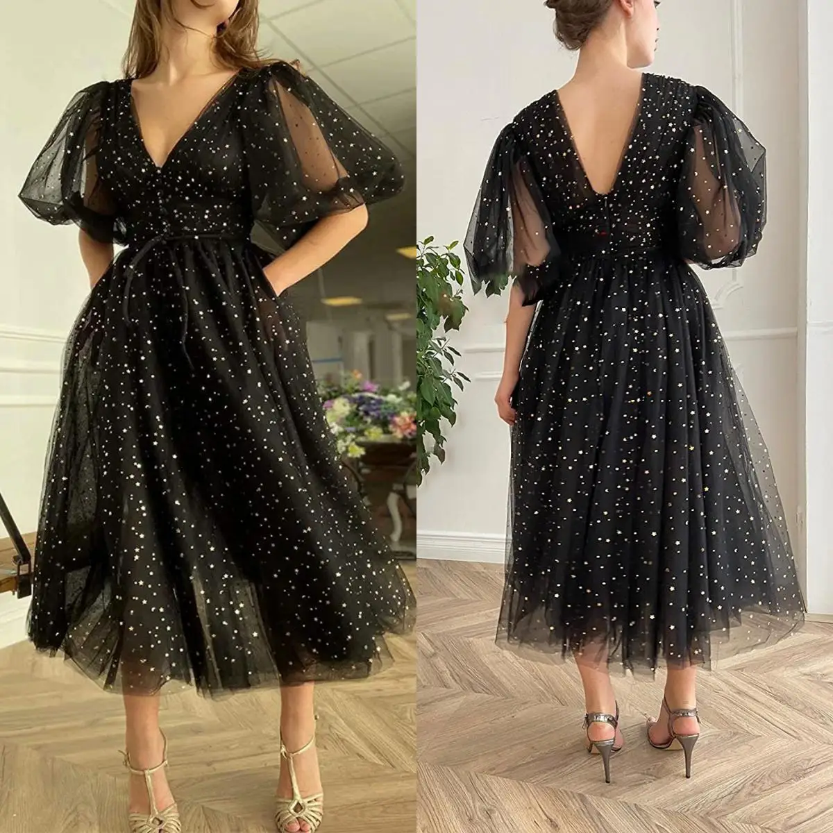 

14874#IENA Short Black Starry Tulle Prom Dresses Sparkly V-Neck Half Puff Sleeves Ruched Mini Tea Length Wedding Party Dress