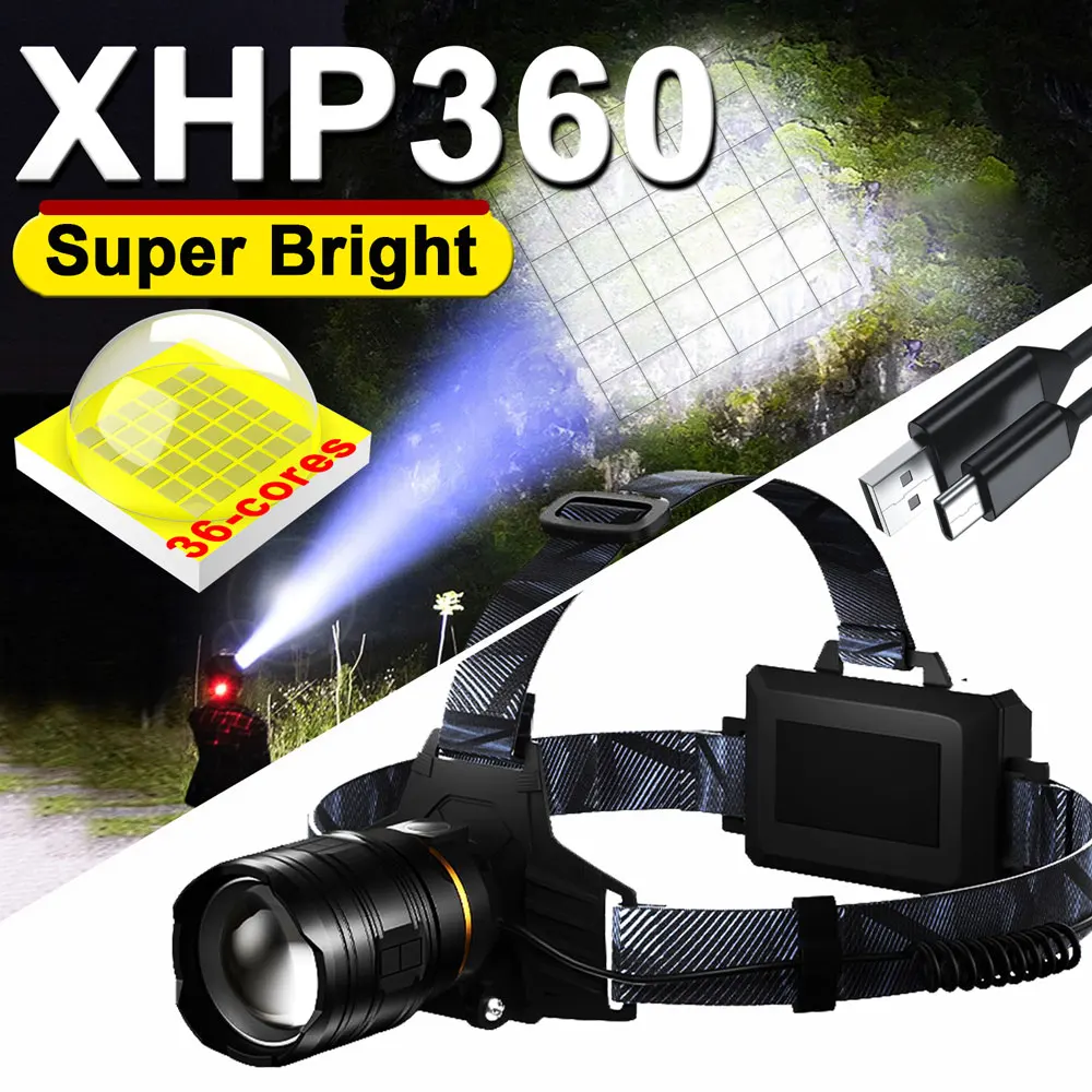 고출력 XHP360 36코어 위크 헤드램프 LED 손전등 텔레스코픽 줌 낚시용 라이트 캠핑용