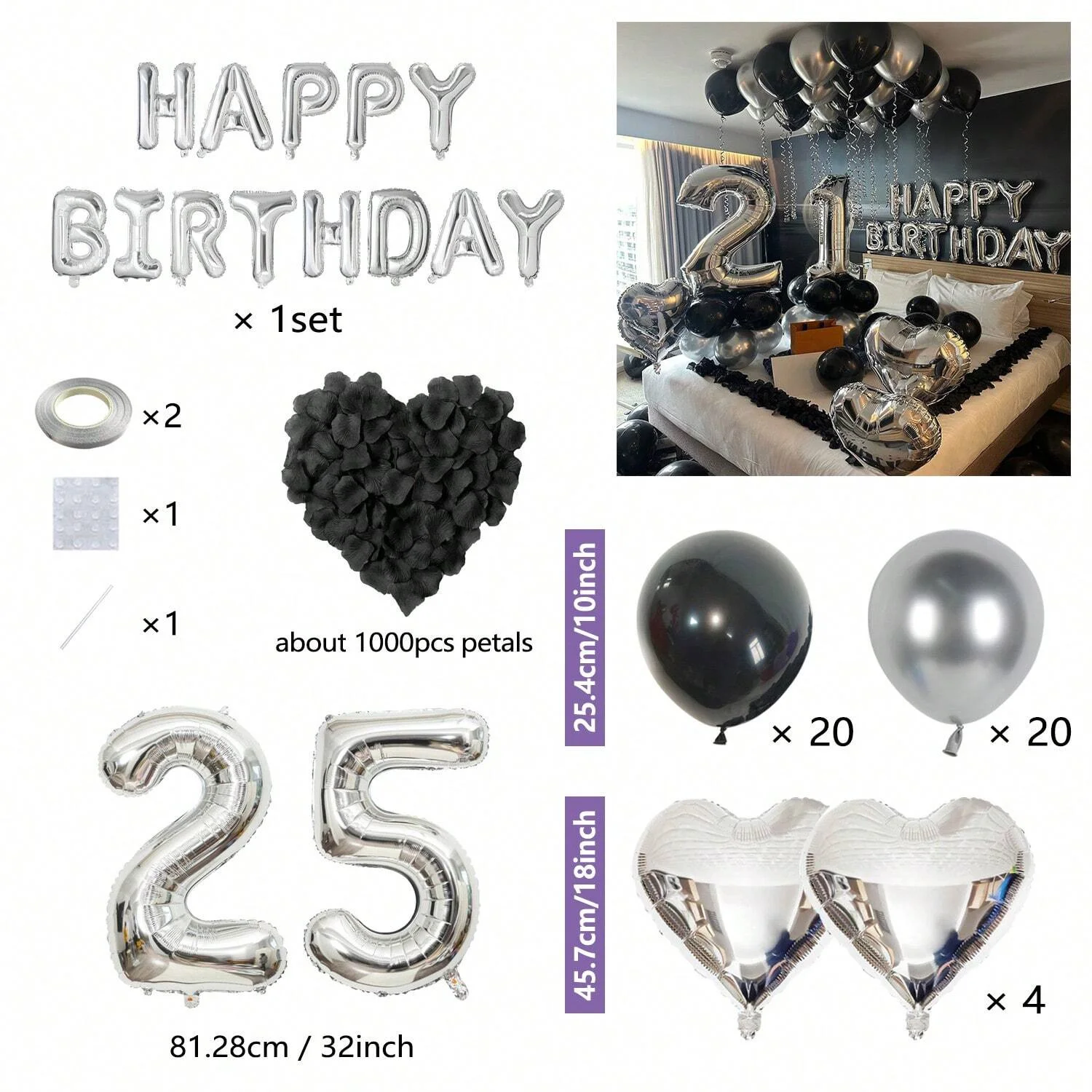 55 schwarze und silberne Luftballons + 1000 Blütenblätter, silbernes Happy Birthday-Banner, silberne Chrom-Luftballons, Partydekoration für Kinder und Erwachsene – Detail 20