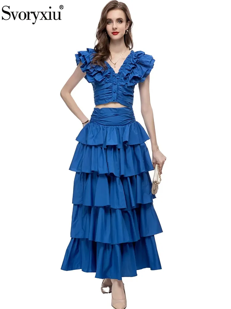 

Svoryxiu Summer Fashion Blue Color Elegant Long Skirt Suit Women V-Neck Flounces Sleeve Top+High Waist Cascading Flounces Skirt