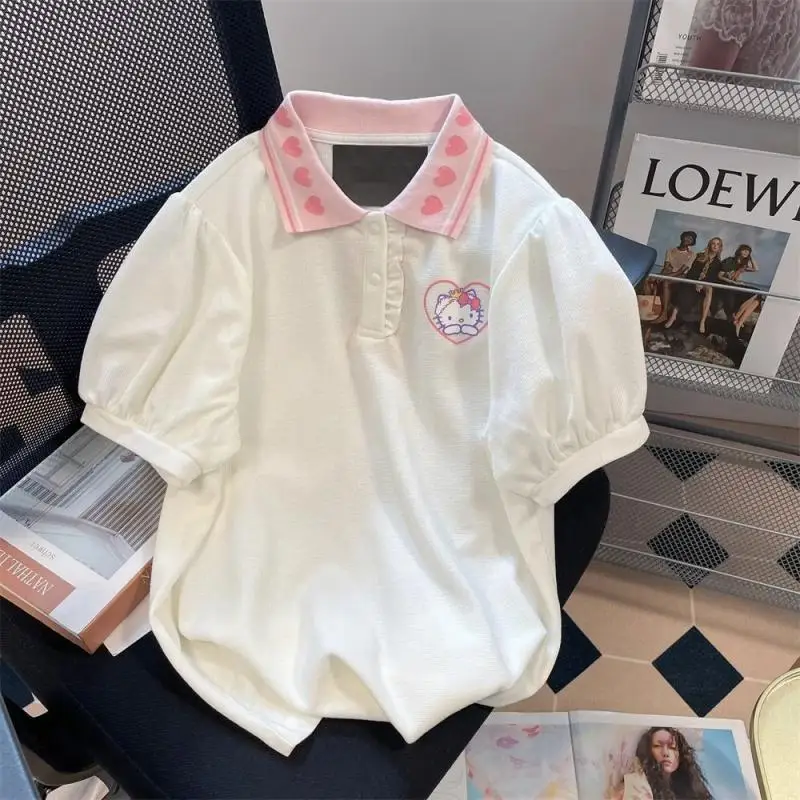 

Hello Kitty Sanrio Kawaii Anime Short Sleeveoe Cute Cartoon Summer New T Shirt Loose Instagram Style Bubble Sleeves Girl Toys