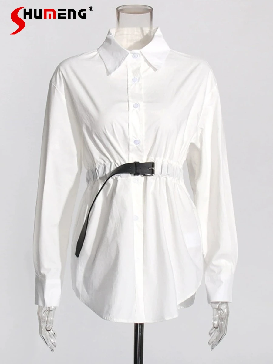 

2024 Spring Summer New Shirts Female Temperament Waist-Tight Slimming Long Sleeve White Shirts Feminine Elegant Mid-Length Tops