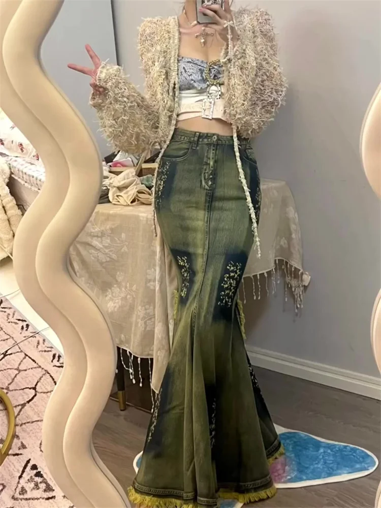 

Retro Burrs Tassels Denim Skirt Fishtail Large Mop Dress for Women