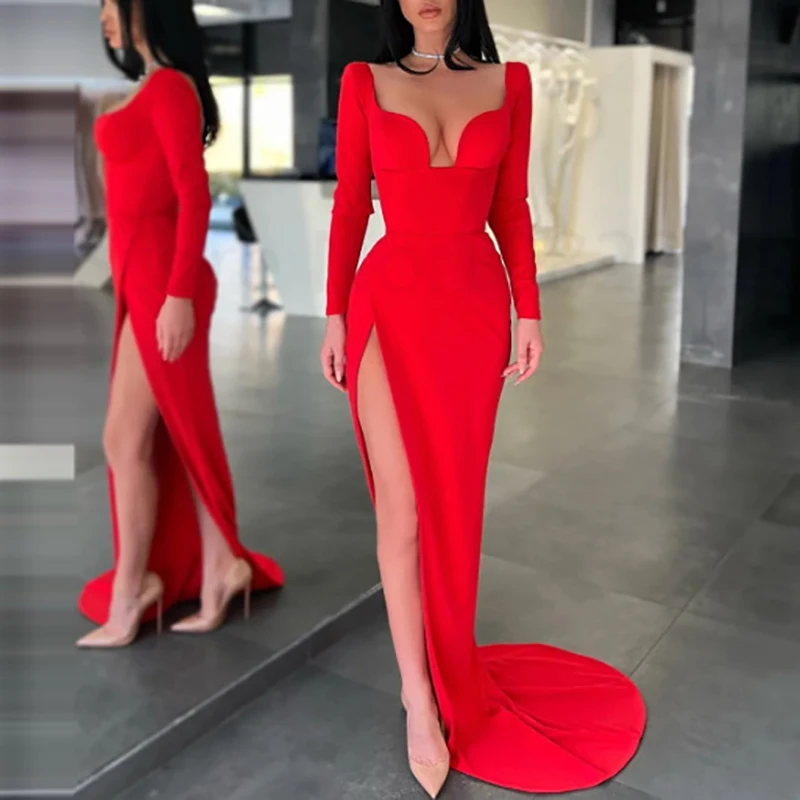 

Элегантное однотонное длинное платье с высокой талией, соблазнительное облегающее вечернее платье с глубоким V-образным вырезом, модное яркое платье с длинным рукавом и разрезом