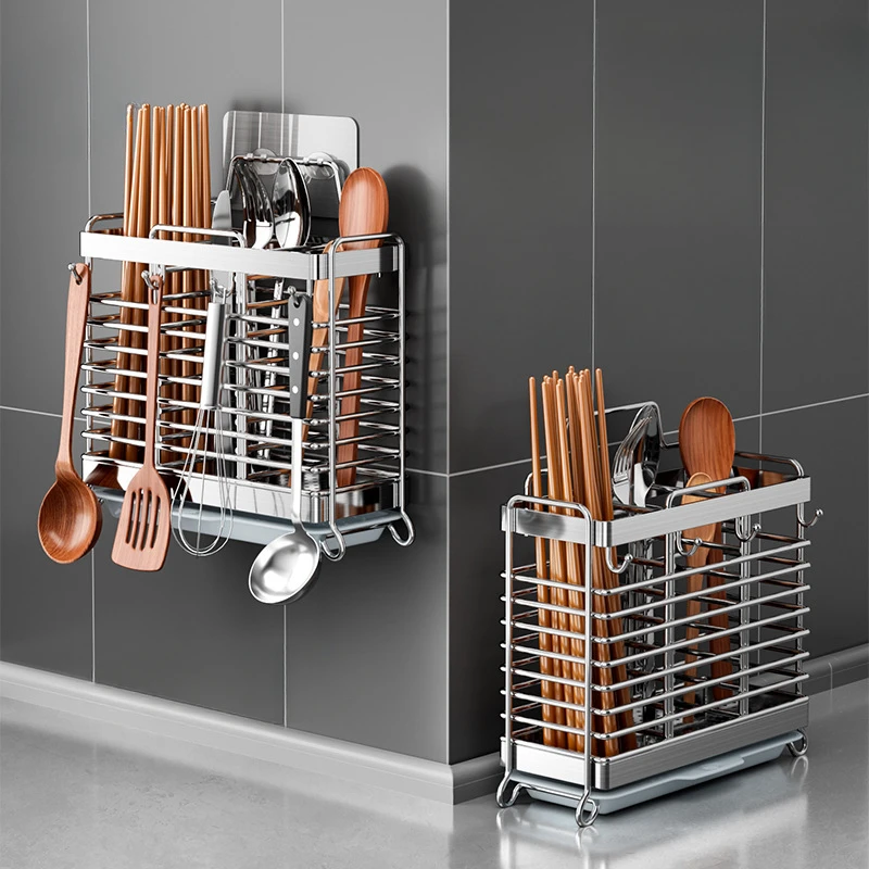 

Stainless Steel Chopsticks Storage Box Chopsticks Cage Home Kitchen Wall Mounted Drainer Put Chopsticks Cylinder Spoon Shelf