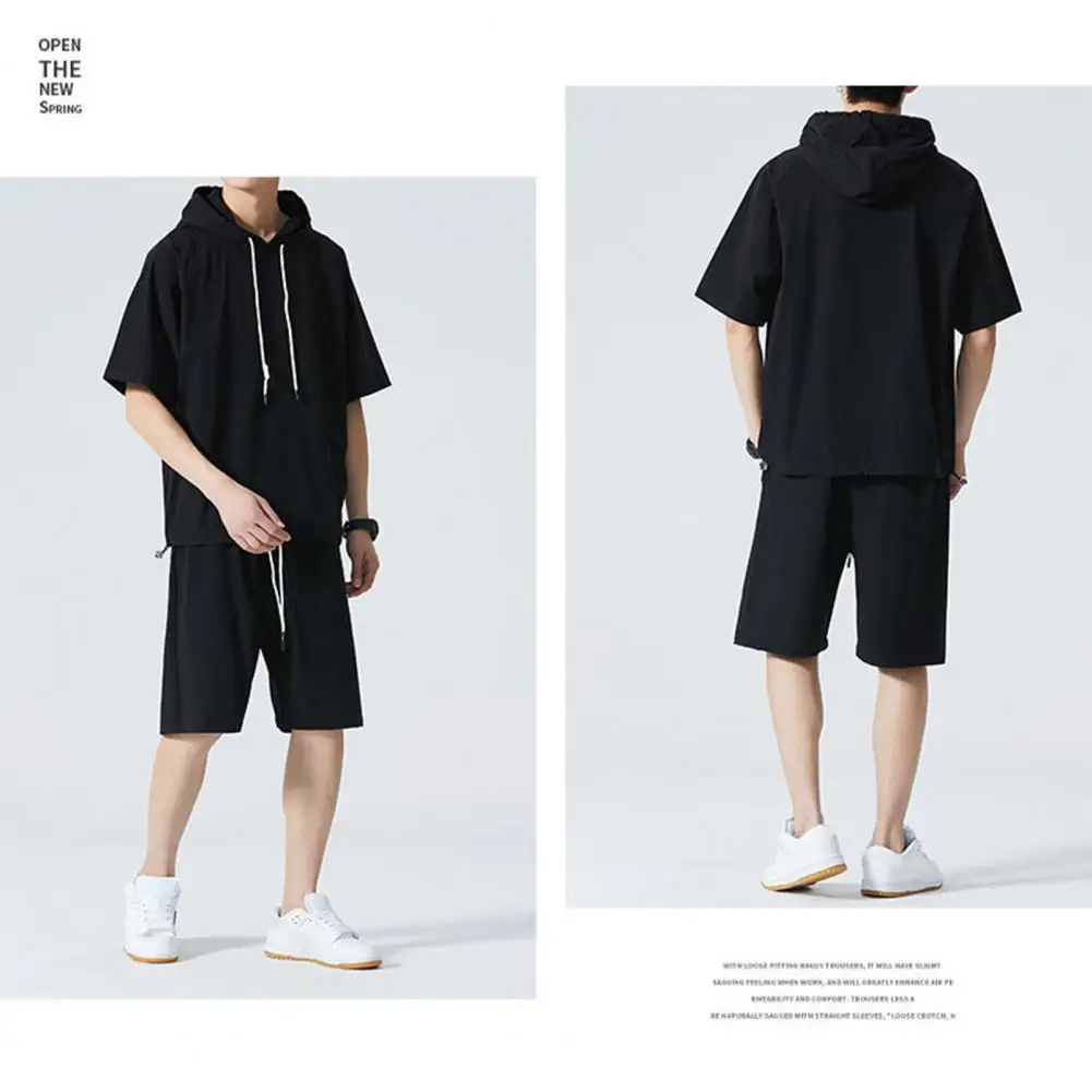 

Loose Fit Hooded Top Shorts Set Men's Hooded Short Sleeve Tee Shirt Elastic Waist Shorts Set for Sport Workwear Solid Color