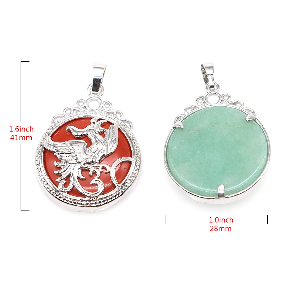 28MM Dragon and Phoenix Stone Pendant Natural Healing Gemstone Rose Quartz Opal Fashion Jewelry Round Necklace For Women Man