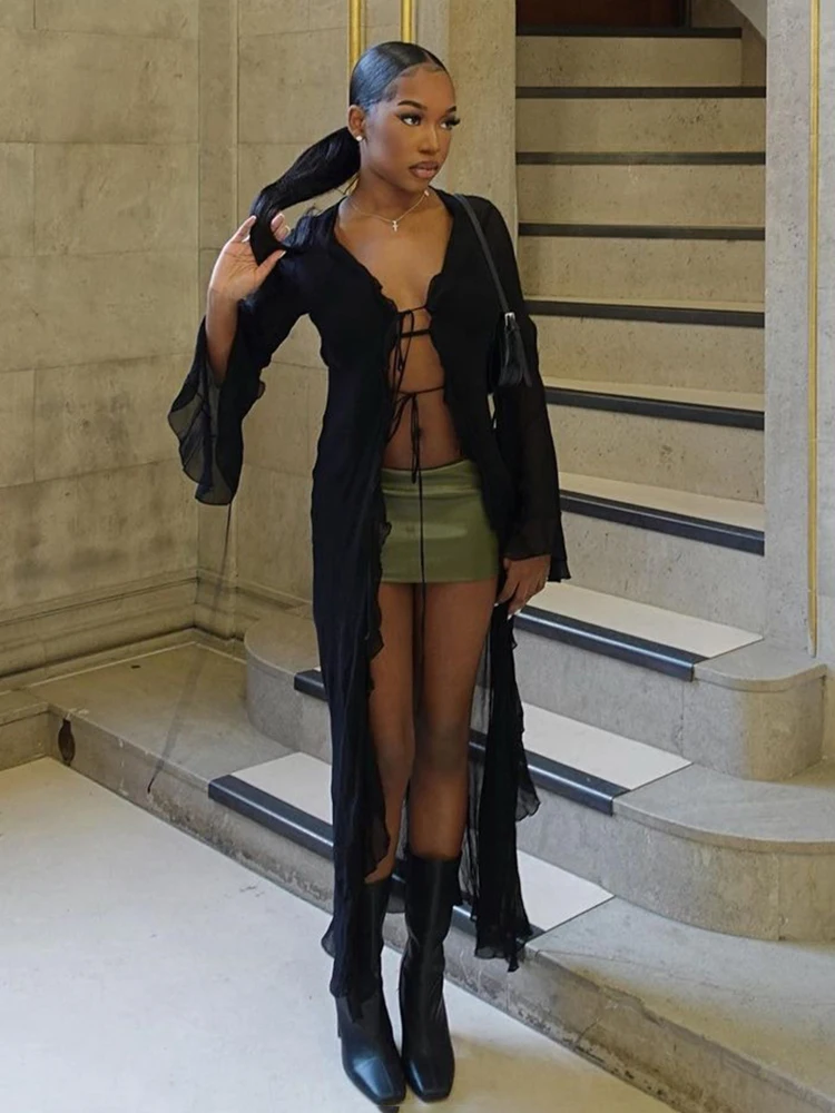Cárdigan largo de malla para mujer, de verano, liso, con cuello bajo, manga larga y volantes, sexy, transparente, ropa de tendencia