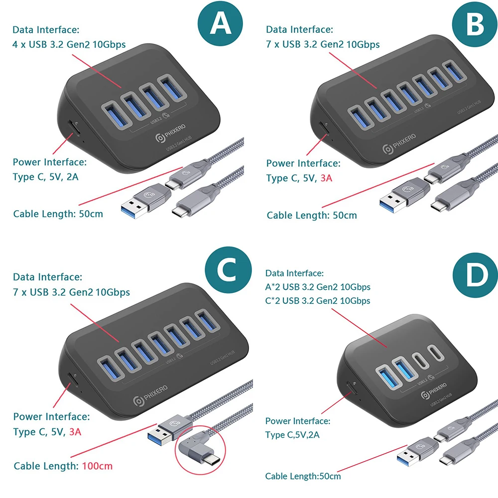 PHIXERO 7 Ports USB HUB 3.2 Docking Station Hub Type C 10Gbps Splitter Switch Dock Multi Port SD Card Socket for Macbook Laptop 5