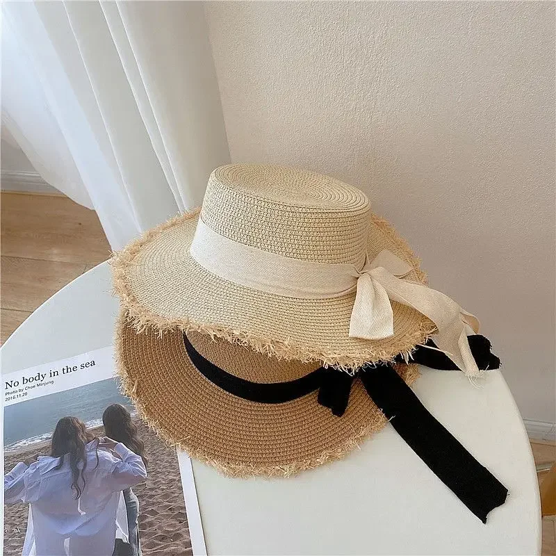 Beach HatJapanese Everything Hairy Edge Straw Hat Female Summer Flat Top Outing Sun Hat Small Fresh Bow Sun Shade Beach