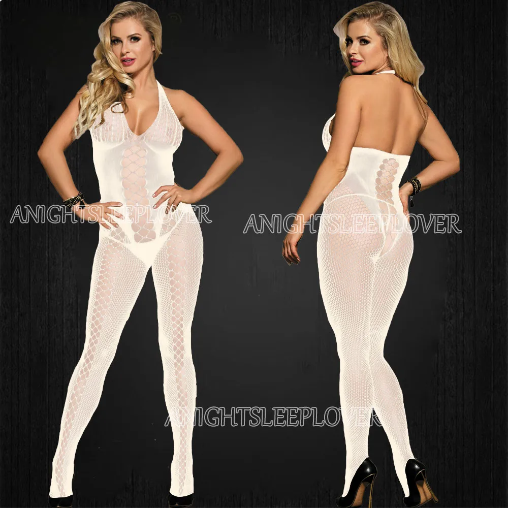 Sexy Bodystockings Lingerie Bodysuit Underwear Women Fishnet Open Crotch catsuit Mesh Tights Erotic Babydoll Teddies White