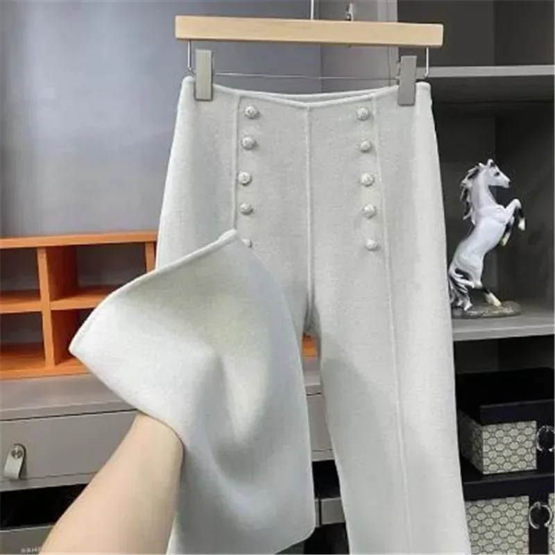 

2023 Winter Korean Style High Waist Woolen Wide-Leg Pants Straight Suit Pants Women Drape Woolen Pants Women Casual Trousers