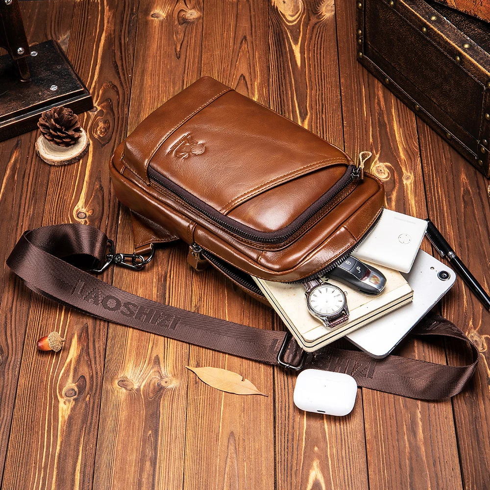 CENUNCO Genuine Leather Men's Sling Bag - Anti-Theft Crossbody Chest Bag With Multiple Pockets
